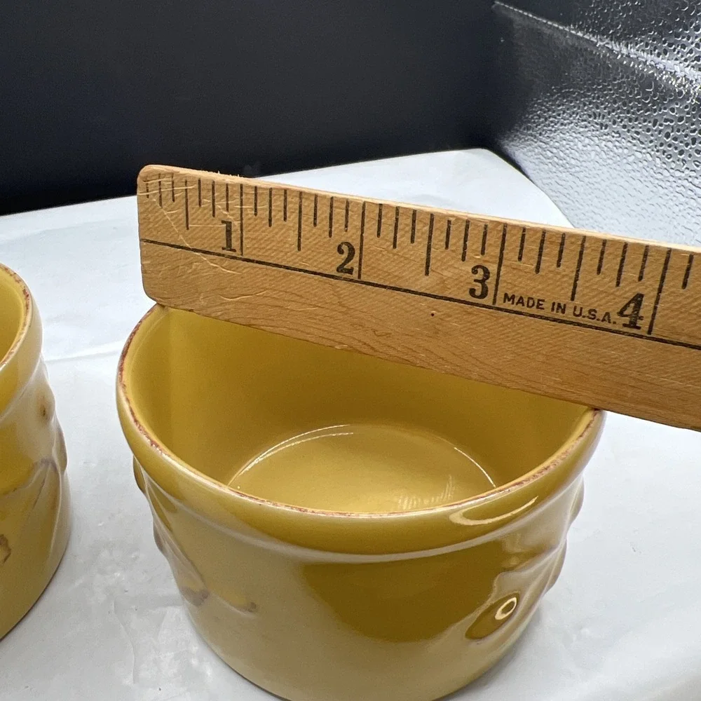 Pair 2 Cerutil Stoneware Mustard Yellow Ramekin Set Portugal Raised Olive Motif